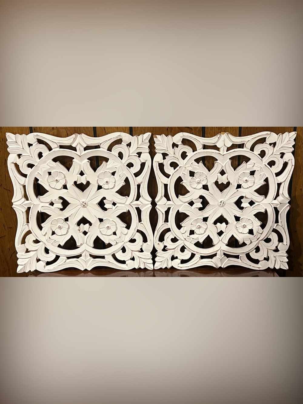 Set of 2 Ornate Carved Floral Wall Panels 16”x16”